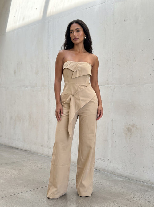Camel Strapless Tailored Wide-Leg Jumpsuit