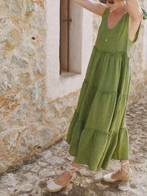 Green Tiered Boho V-Neck Sleeveless Dress