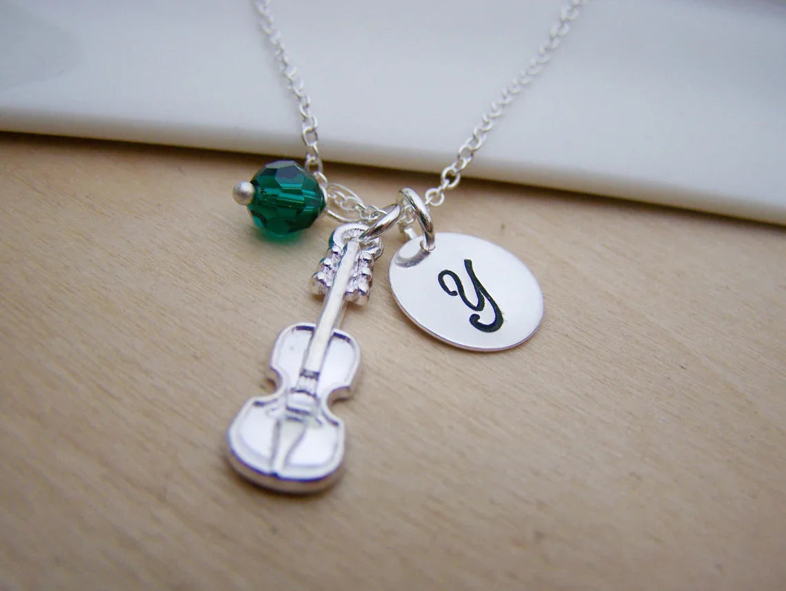 Personalized Violin Necklace – Sterling Silver with Birthstone & Initial Charm