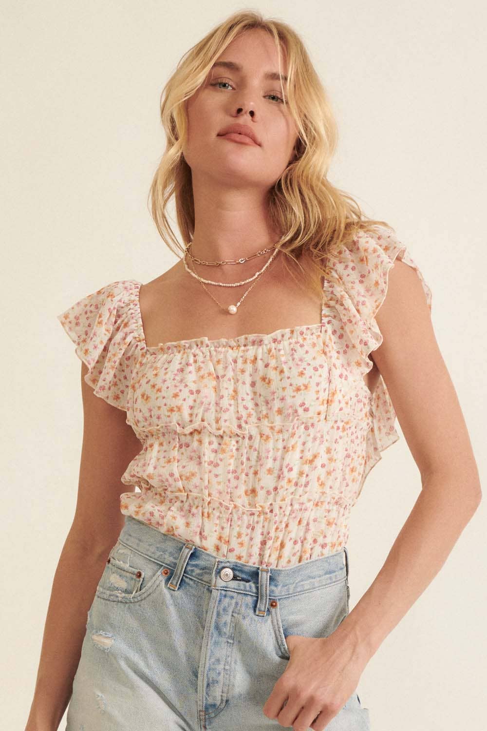 Floral Square Neck Gather Bodice Low Back Bodysuit