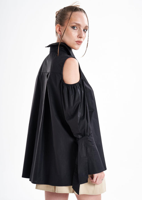 Quarta Open Shoulders Black Premium Poplin Shirt