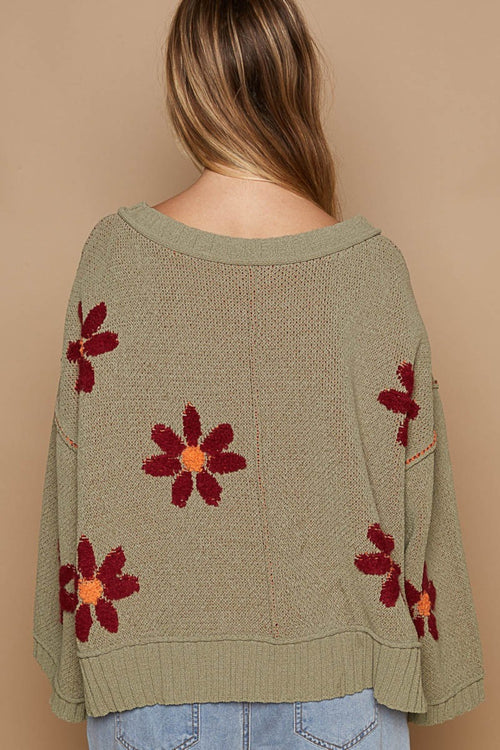 POL Olive V-Neck Floral Pattern Chenille Sweater