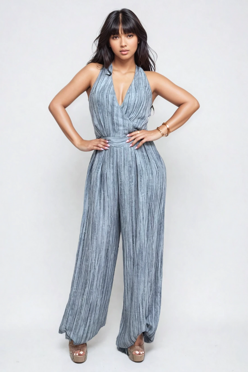 Skyline Pleated Halter Jumpsuit – Slate Blue