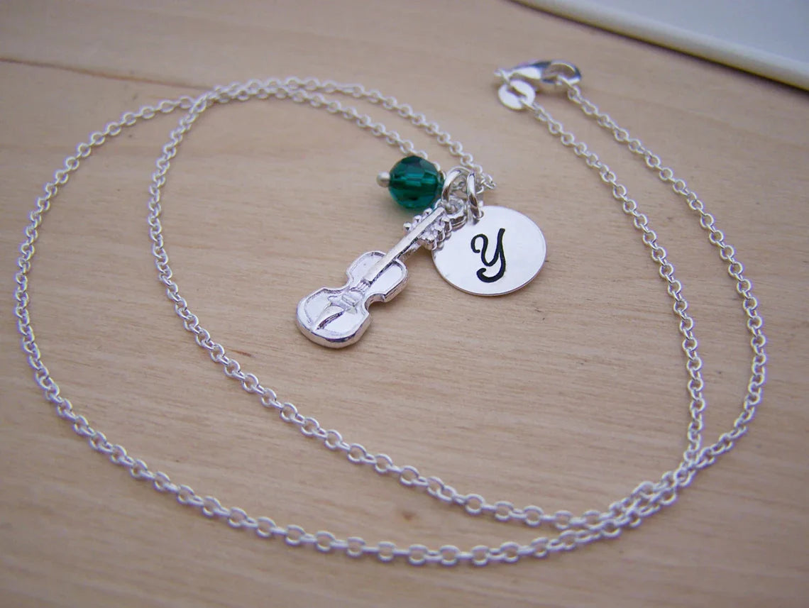 Personalized Violin Necklace – Sterling Silver with Birthstone & Initial Charm