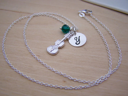 Personalized Violin Necklace – Sterling Silver with Birthstone & Initial Charm