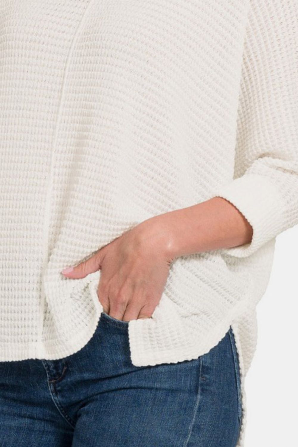 ZENANA Full Size Round Neck High-Low Slit Knit Top