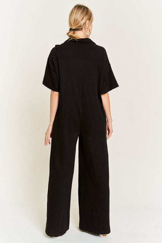 Jade by Jane Women's Basic Collar Shirt Wide Leg Jumpsuit