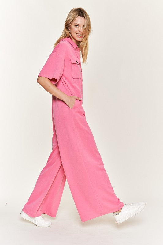Jade by Jane Women's Basic Collar Shirt Wide Leg Jumpsuit