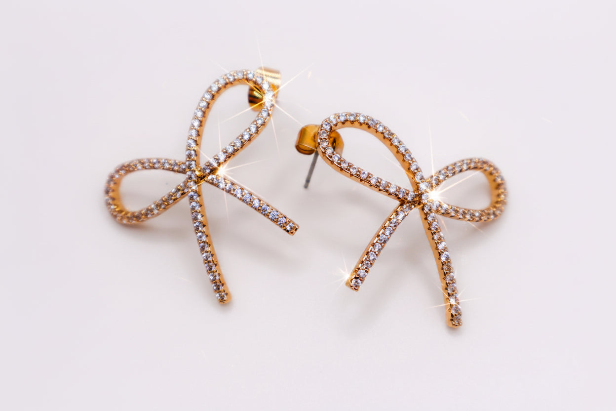 Golden Bow Tie Sparkle Earrings - Elegant Accessory