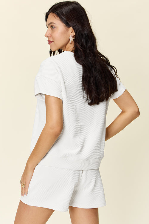 DOUBLE TAKE Full Size Texture Short Sleeve T-Shirt and Drawstring Shorts Set