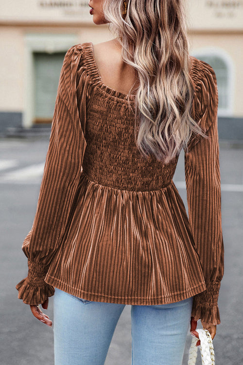 Brown Tie Back Square Neck Velvet Babydoll Dress