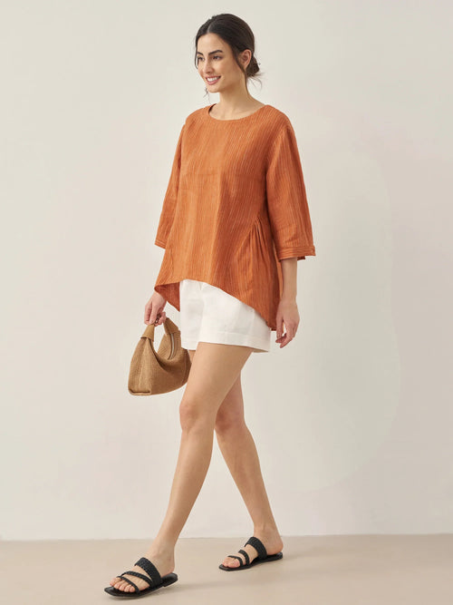 100% Linen Round Neck Artistic Stripe Top FLORENCE
