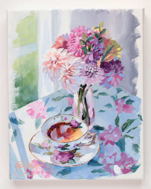 ELIZABETH ALICE Tea and dahlias in pink vase (No. 499) - 8 x 10 acrylic painting on canvas