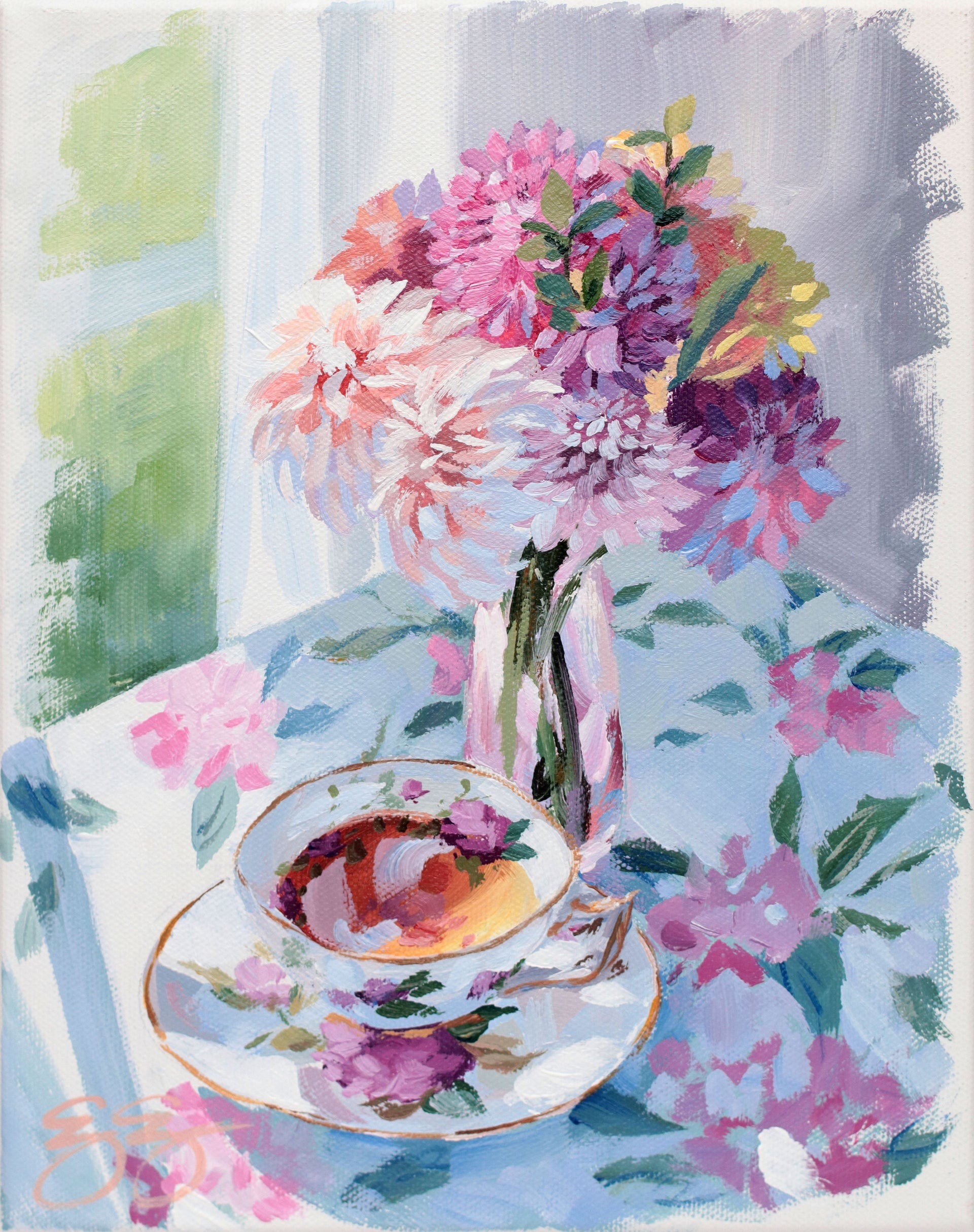 ELIZABETH ALICE Tea and dahlias in pink vase (No. 499) - 8 x 10 acrylic painting on canvas