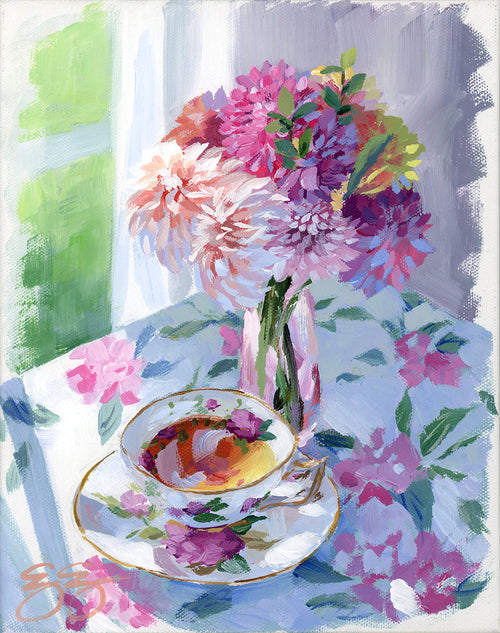 ELIZABETH ALICE Tea and dahlias in pink vase (No. 499) - 8 x 10 acrylic painting on canvas