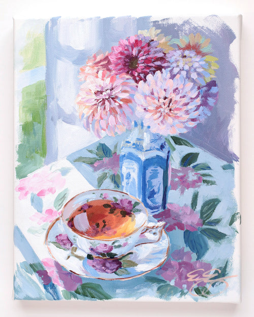ELIZABETH ALICE Tea and dahlias in blue and white vase (No. 500) - 8 x 10 acrylic painting on canvas