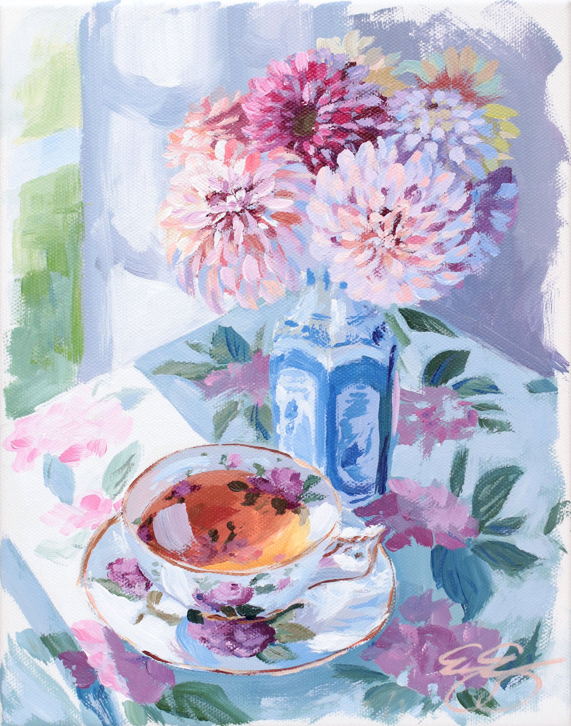 ELIZABETH ALICE Tea and dahlias in blue and white vase (No. 500) - 8 x 10 acrylic painting on canvas
