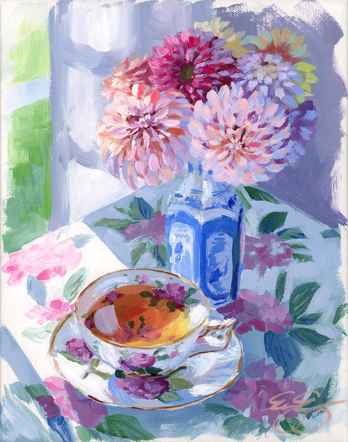 ELIZABETH ALICE Tea and dahlias in blue and white vase (No. 500) - 8 x 10 acrylic painting on canvas
