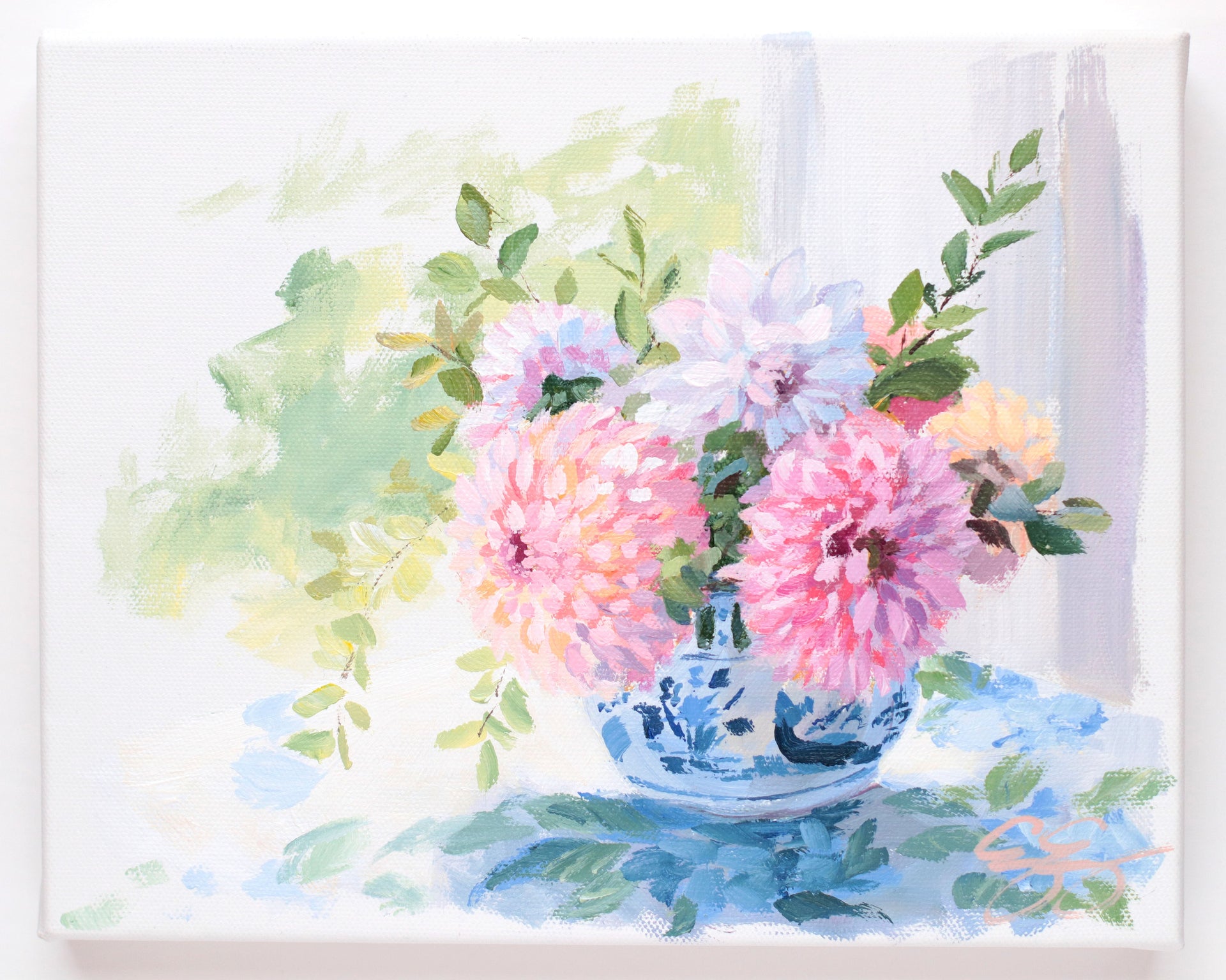 ELIZABETH ALICE Dahlias in little ginger jar (No. 501) - 8 x 10 acrylic painting on canvas