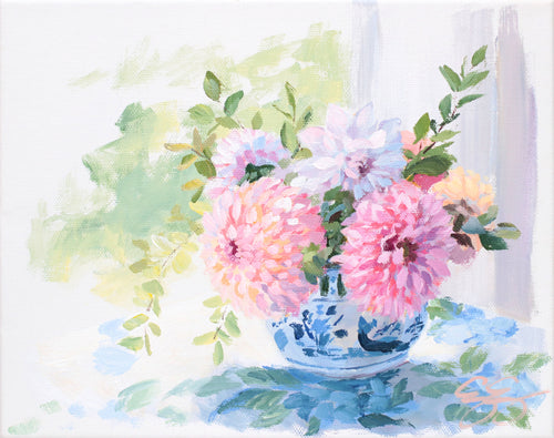 ELIZABETH ALICE Dahlias in little ginger jar (No. 501) - 8 x 10 acrylic painting on canvas