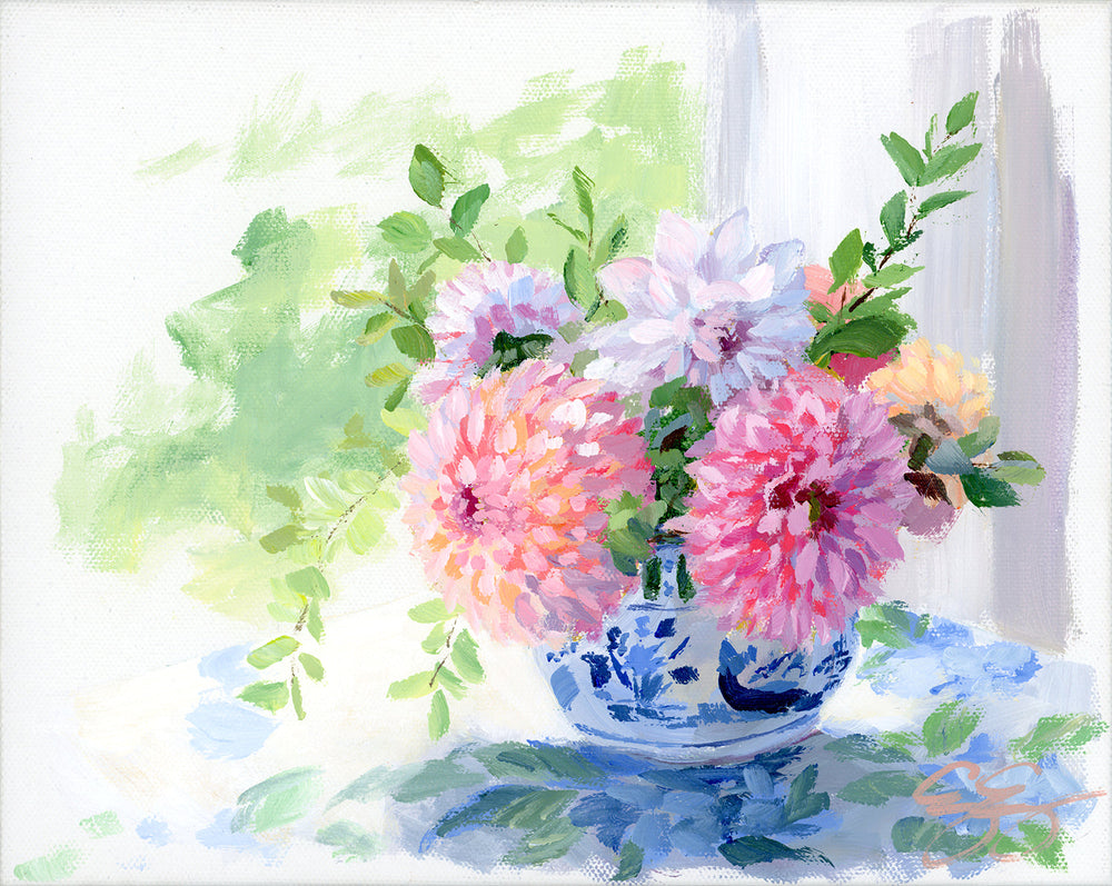 ELIZABETH ALICE Dahlias in little ginger jar (No. 501) - 8 x 10 acrylic painting on canvas