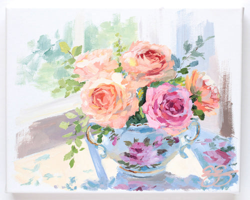 ELIZABETH ALICE Roses in sugar bowl (No. 502) - 8 x 10 acrylic painting on canvas
