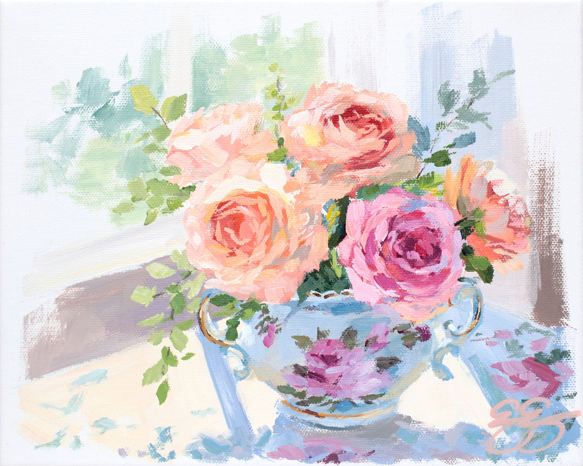 ELIZABETH ALICE Roses in sugar bowl (No. 502) - 8 x 10 acrylic painting on canvas