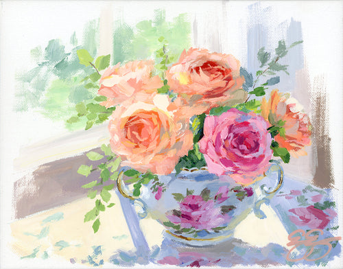 ELIZABETH ALICE Roses in sugar bowl (No. 502) - 8 x 10 acrylic painting on canvas