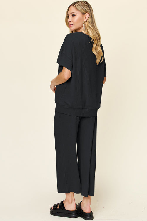DOUBLE TAKE Full Size Texture Round Neck Short Sleeve T-Shirt and Wide Leg Pants