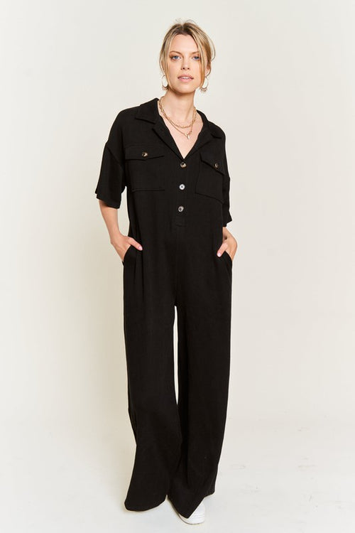 Jade by Jane Women's Basic Collar Shirt Wide Leg Jumpsuit