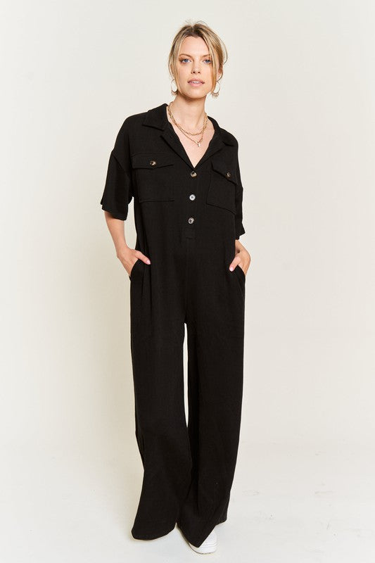Jade by Jane Women's Basic Collar Shirt Wide Leg Jumpsuit