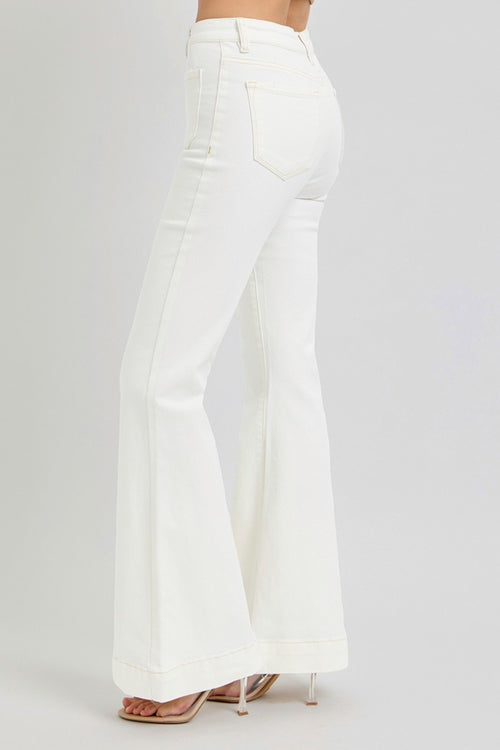 RISEN Cream Full Size High Rise Front Patch Pocket Flare Bell-ankle Jeans