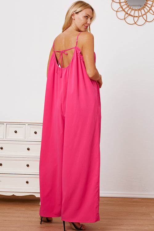 DOUBLE TAKE Full Size Ruffle Trim Tie Back Cami Jumpsuit with Pockets