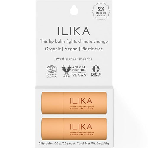 ILIKA 100% Natural Lip Balm - 2X Volume, Organic, Plastic-free, Vegan, Cruelty-Free, COSMOS Certified Organic, PETA Certified, Plant-Based, Biodegradable Tube, 2 Pack, Orange Tangerine - 0.3 Oz each