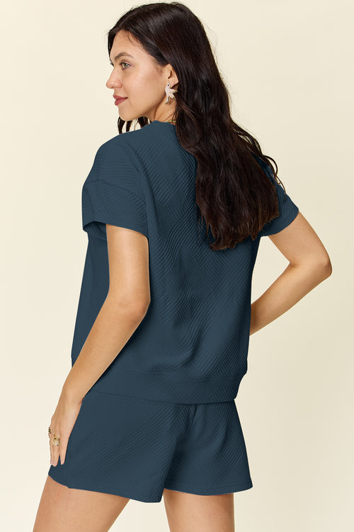 DOUBLE TAKE Full Size Texture Short Sleeve T-Shirt and Drawstring Shorts Set