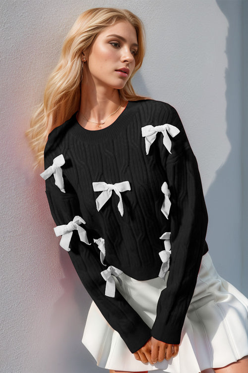 DOUBLE Full Size Bow Cable-Knit Round Neck Sweater