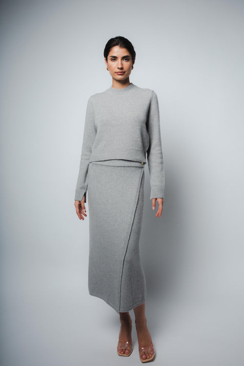 MILA CASHMERE WRAP SKIRT IN HEATHER GREY
