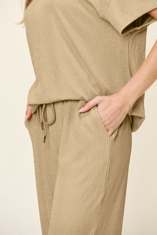 DOUBLE TAKE Full Size Texture Round Neck Short Sleeve T-Shirt and Wide Leg Pants