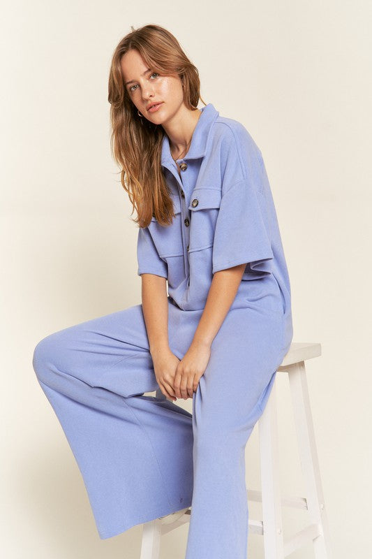 Jade by Jane Women's Basic Collar Shirt Wide Leg Jumpsuit