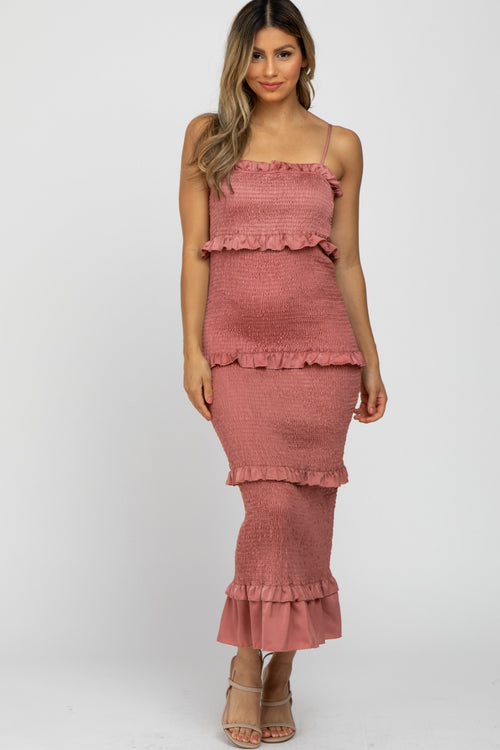 Mauve Satin Smocked Fitted Midi Dress