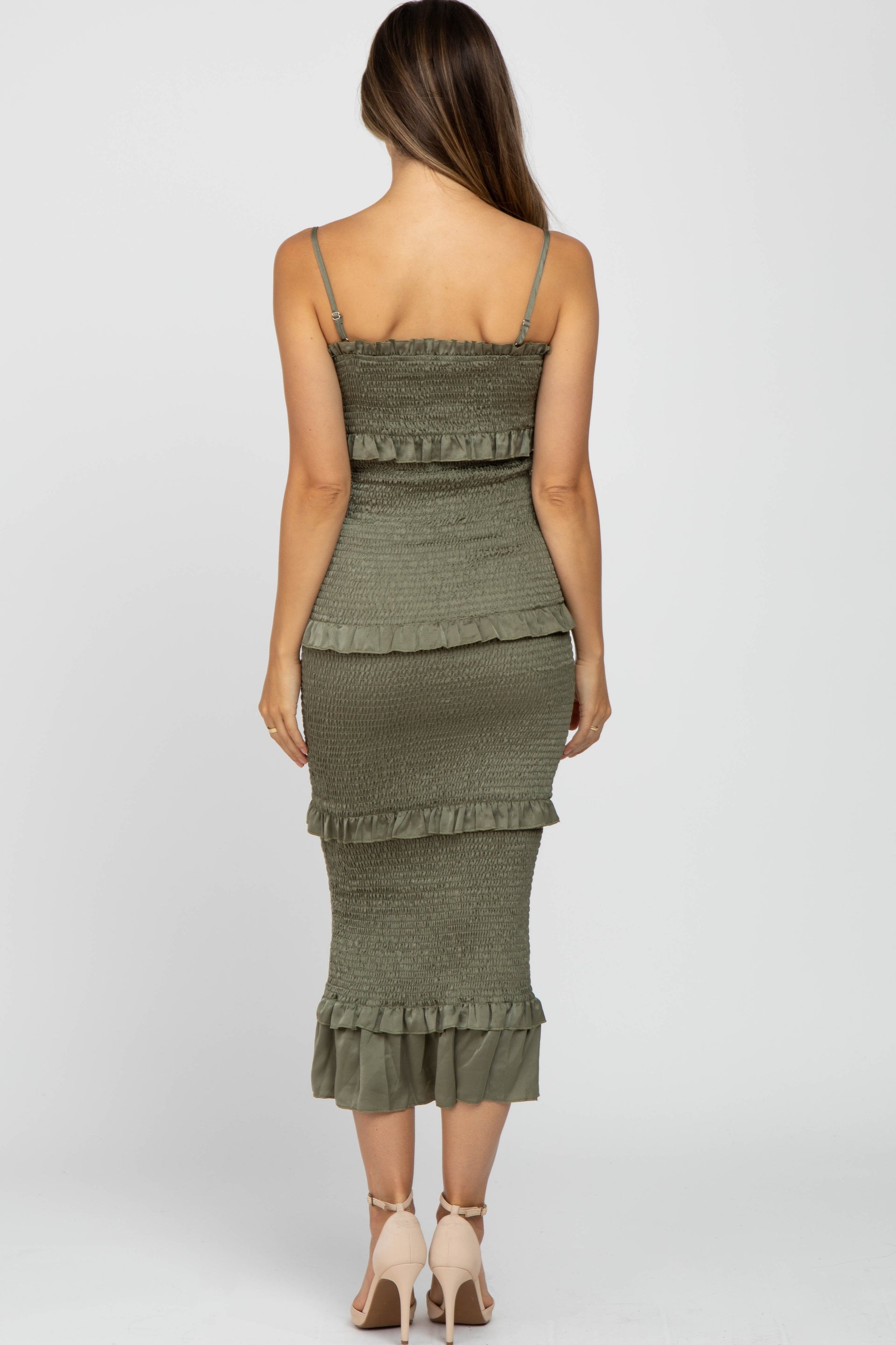 Olive Satin Smocked Fitted Maternity Midi Dress