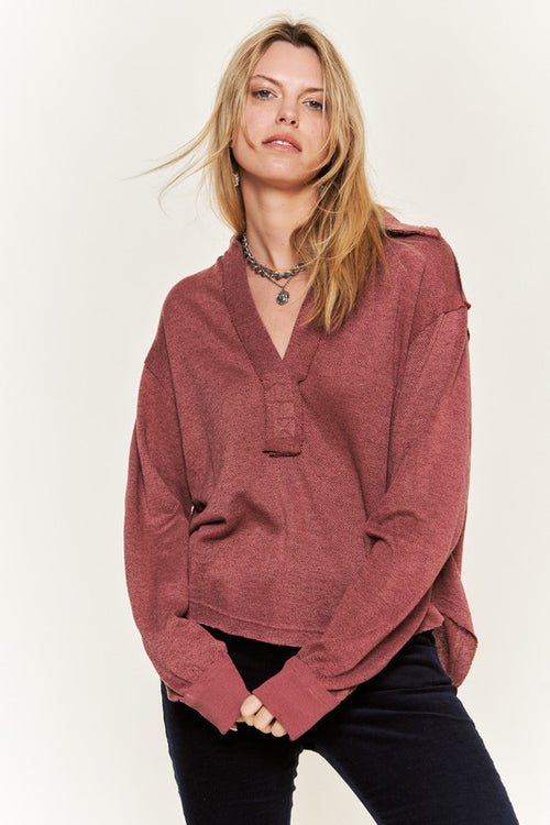 JADE by JANE Deep V-neck Collared Long sleeve Knit Top