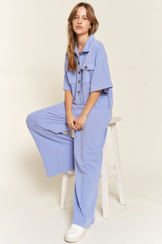 Jade by Jane Women's Basic Collar Shirt Wide Leg Jumpsuit