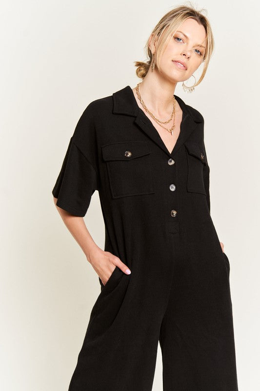 Jade by Jane Women's Basic Collar Shirt Wide Leg Jumpsuit