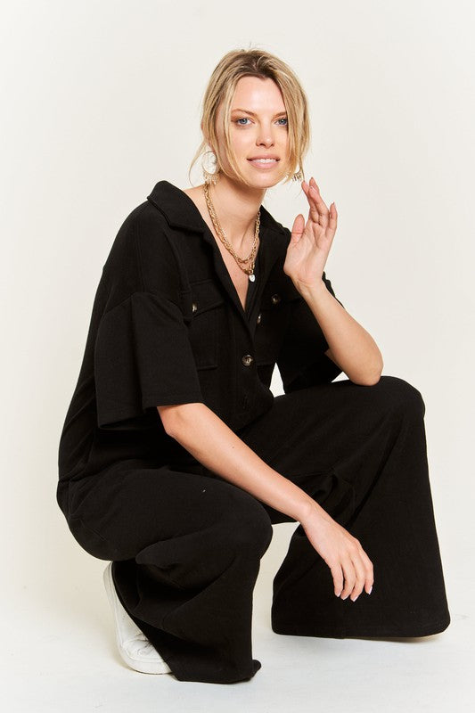 Jade by Jane Women's Basic Collar Shirt Wide Leg Jumpsuit