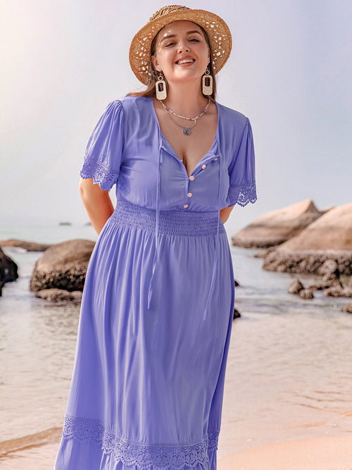 H.R.Z. Women's Plus Size Maxi Lace Detail Dress with Tie Neck & Short Sleeve