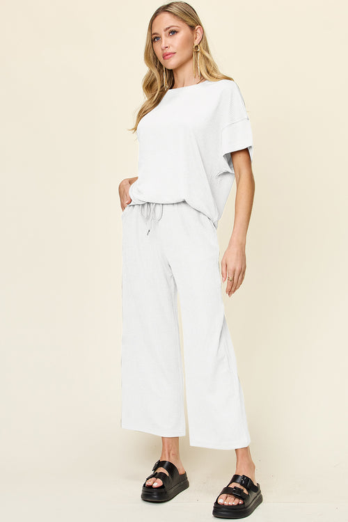 DOUBLE TAKE Full Size Texture Round Neck Short Sleeve T-Shirt and Wide Leg Pants