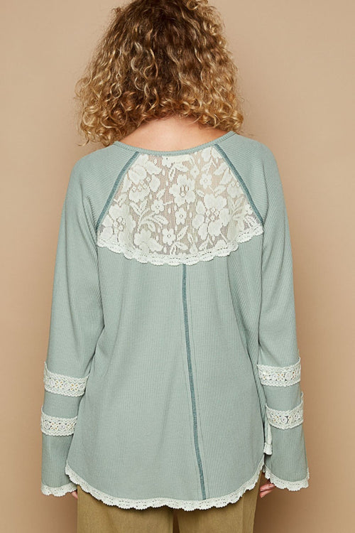 POL Women's Forest Green Round Neck Long Sleeve Lace Trim Thermal Top