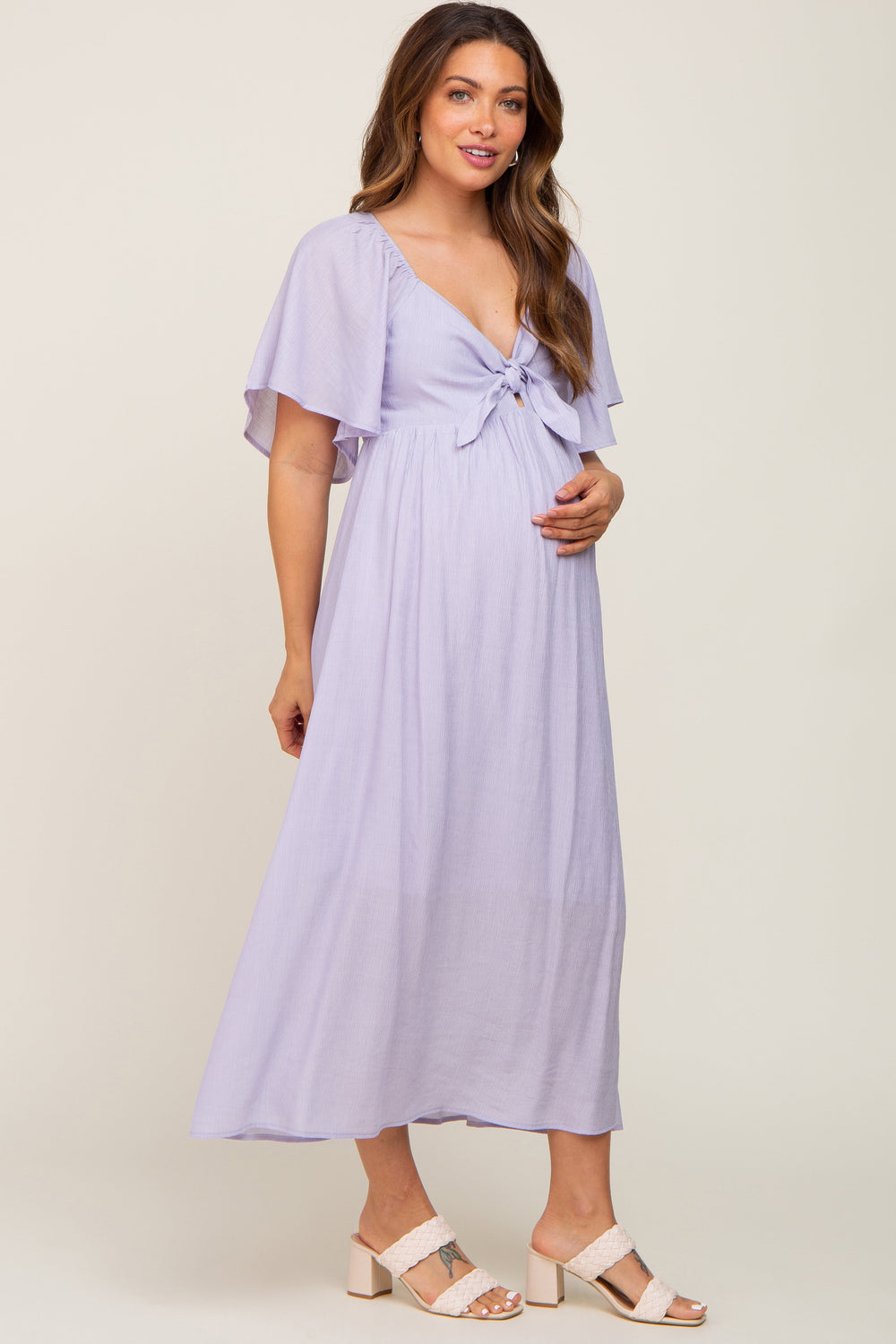 PinkBlush Women's Lavender Front Tie Ruffle Sleeve Maternity Midi Dress