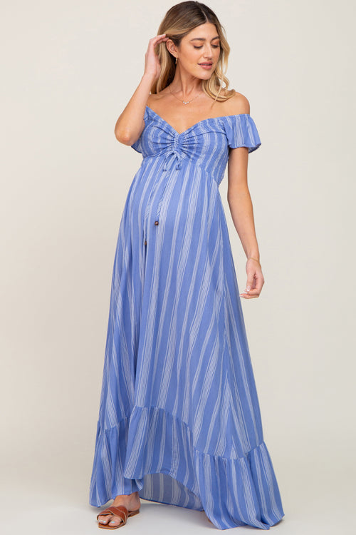 PinkBlush Women's Blue Striped Off Shoulder Front Tie Maternity Maxi Dress